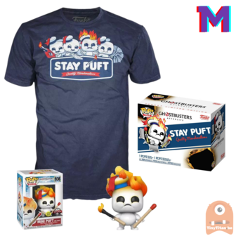 Funko POP! &amp; TEE BOX Mini Puft on Fire GITD - Ghostbusters Afterlife Exclusive - Medium
