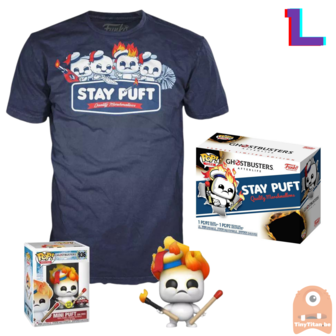 Funko POP! &amp; TEE BOX Mini Puft on Fire GITD - Ghostbusters Afterlife Exclusive - Large