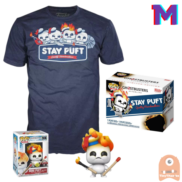 Funko POP! &amp; TEE BOX Mini Puft on Fire GITD - Ghostbusters Afterlife Exclusive - Medium