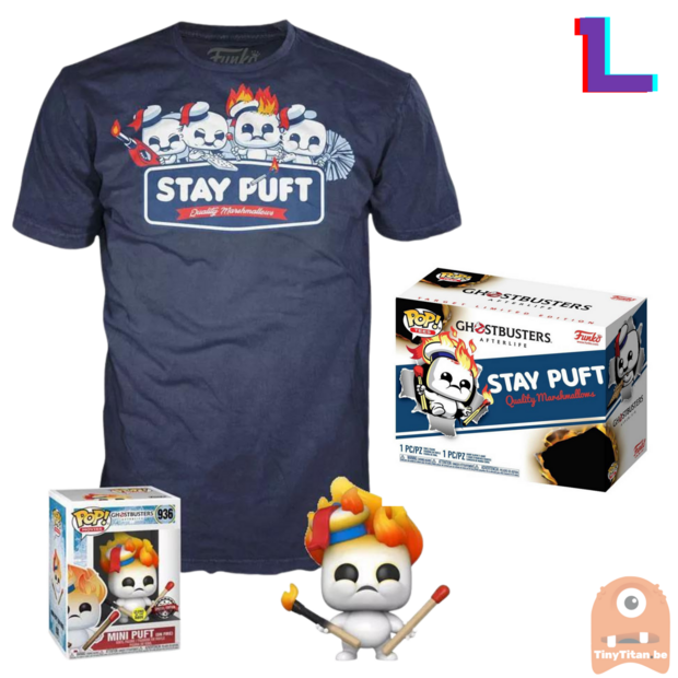 Funko POP! &amp; TEE BOX Mini Puft on Fire GITD - Ghostbusters Afterlife Exclusive - Large