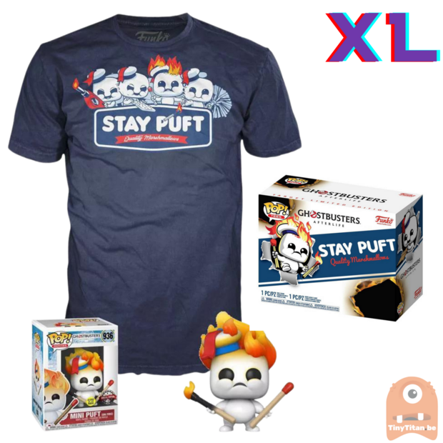 Funko POP! &amp; TEE BOX Mini Puft on Fire GITD - Ghostbusters Afterlife Exclusive - X-Large
