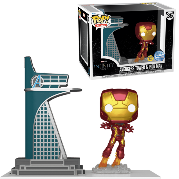 Funko POP! Town Avengers Tower &amp; Iron Man GITD 35 Marvel Exclusive